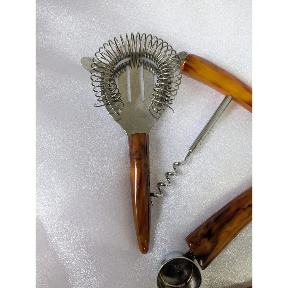 Vintage Bakelite 4 piece Barware Set Cocktail‎ Strainer Corkscrew Bottle Opener
